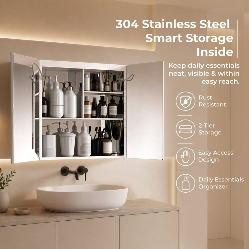 Plantex 304 Stainless Steel Bathroom Cabinet with Mirror/Bathroom Cabinet Storage/LED Mirror Cabinet for Bathroom Wall (18x18 Inch-LED & Defogger/Chrome/Double Door)-3
