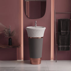Plantex Matt Acrylic Resin & Quartz Pedestal Basin For Bathroom/Designer One Piece Pedestal Free Standing Round Wash Basin For Living Room/Hotel (White & Grey)-4