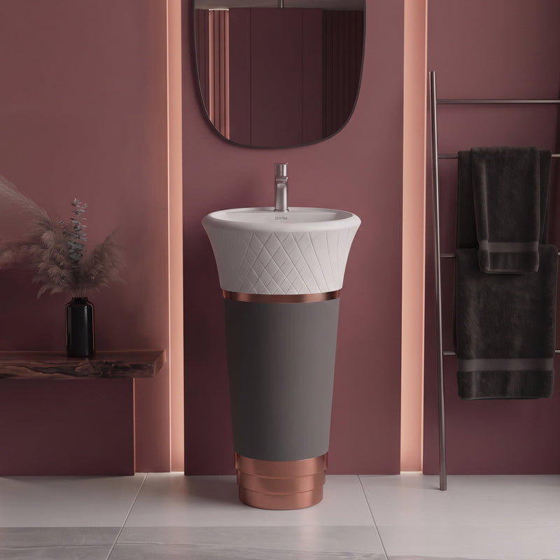 Plantex Matt Acrylic Resin & Quartz Pedestal Basin For Bathroom/Designer One Piece Pedestal Free Standing Round Wash Basin For Living Room/Hotel (White & Grey)-4