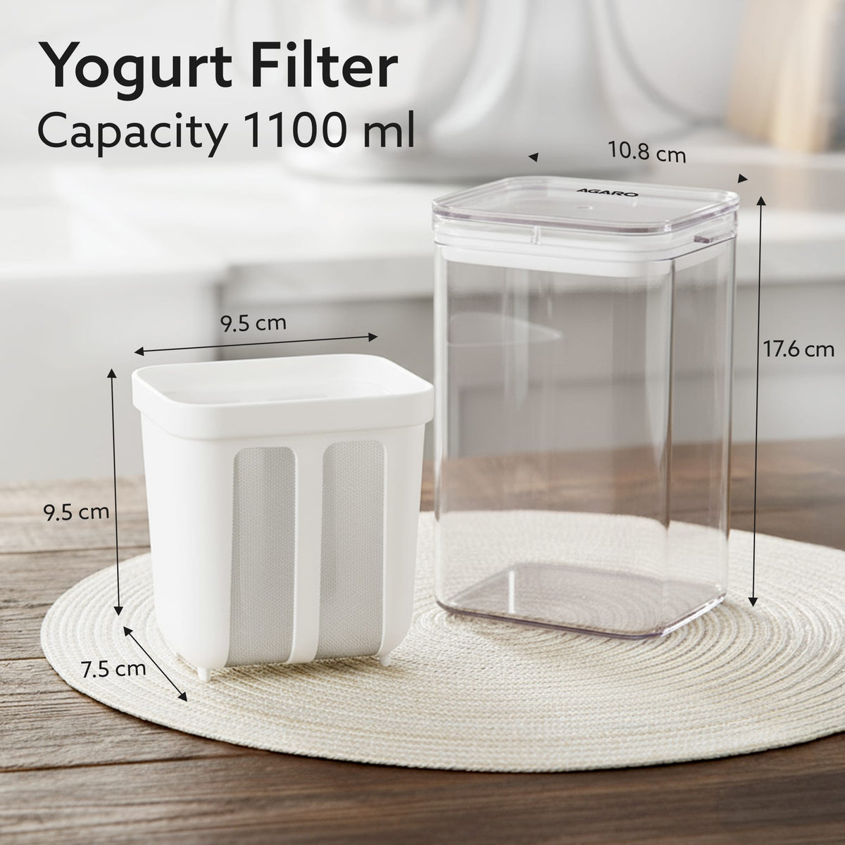 AGARO Greek Yogurt Maker & Curd Strainer | 1100ml BPA-Free Yogurt Strainer with Fine Mesh Filter | Whey Separator for Ho