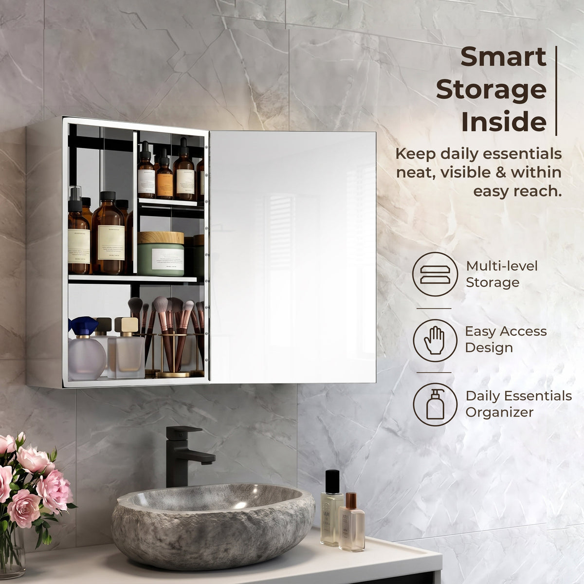 Plantex Bathroom Mirror Cabinet/304 Stainless Steel Bathroom Cabinet with Mirror/Bathroom Storage Cabinet/Wall Mounted Mirror Bathroom Cabinet (12x18 Inch-Chrome)-3