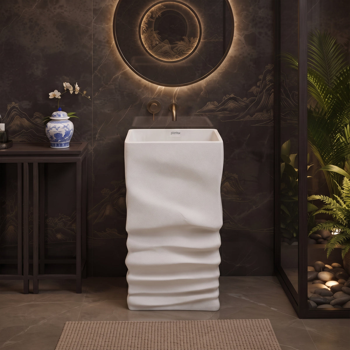 Plantex Pedestal Matt Wash Basin/Acrylic Resin & Quartz Free Standing Wash Basin/Square Basin for Bathroom/Home/Office - (10040, Beige)-1