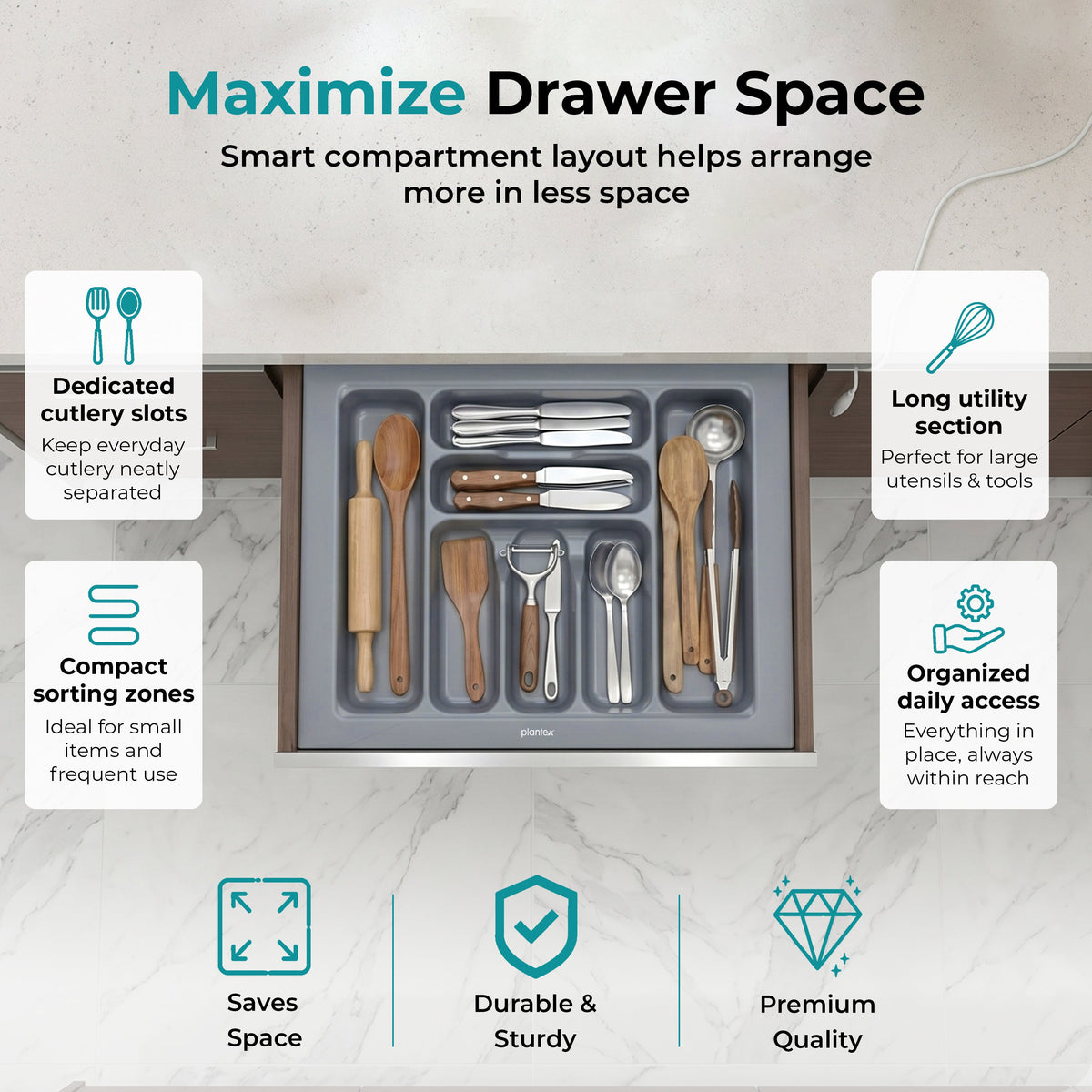 Plantex Polyvinyl Chloride Cutlery Tray/Cutlery Organizer for Kitchen Drawer/Modular Kitchen Accessories Organizer Grey (21 x 18.5 Inch)-4