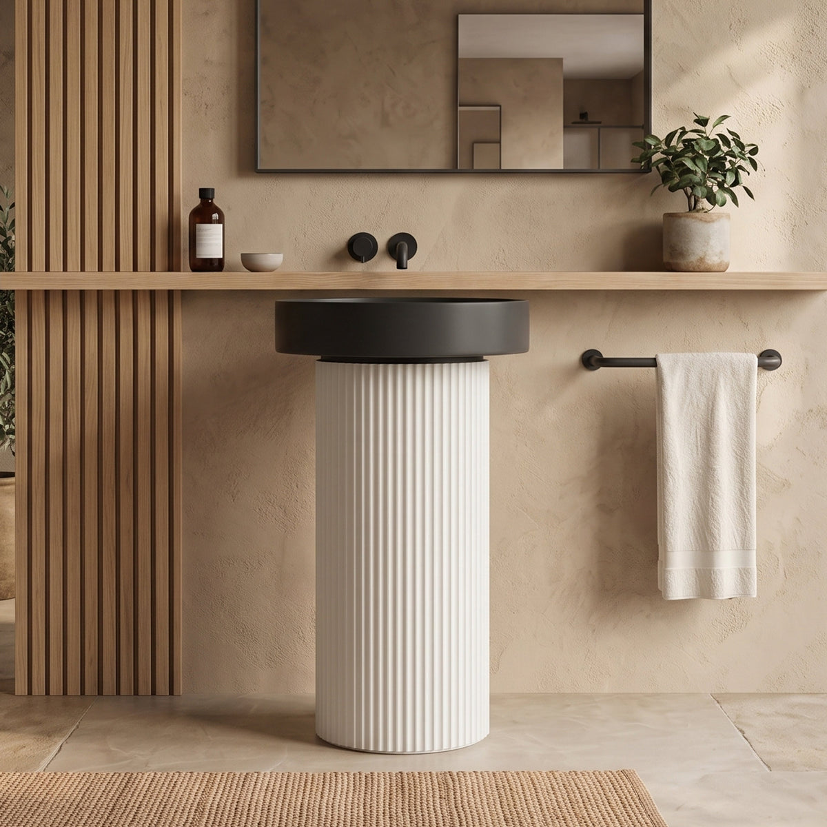 Plantex Acrylic Resin & Qaurtz Pedestal Basin for Bathroom/One Piece Pedestal Free Standing Round Wash Basin for living Room/Hotel (Black & White)-3