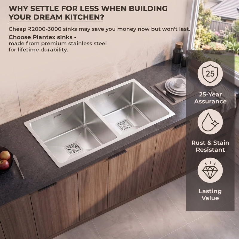 Plantex Heavy Duty Stainless Steel Double Bowl Sink for Kitchen/Handmade Kitchen Sink with 25 Years Warranty by Plantex/Sink with Coupling, Hose Pipe and Drying Rack (Silver Matt - 37x18x9 Inches)-4