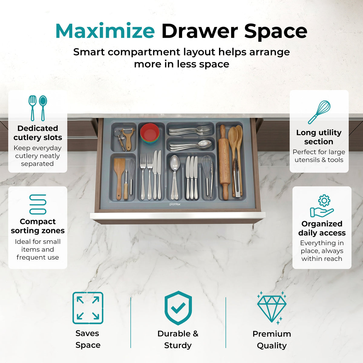 Plantex PVC Cutlery Organizer for Kitchen Drawer/Cutlery Tray Organizer/Modular Kitchen Accessories Grey (28.5 x 18.5 Inch)-5
