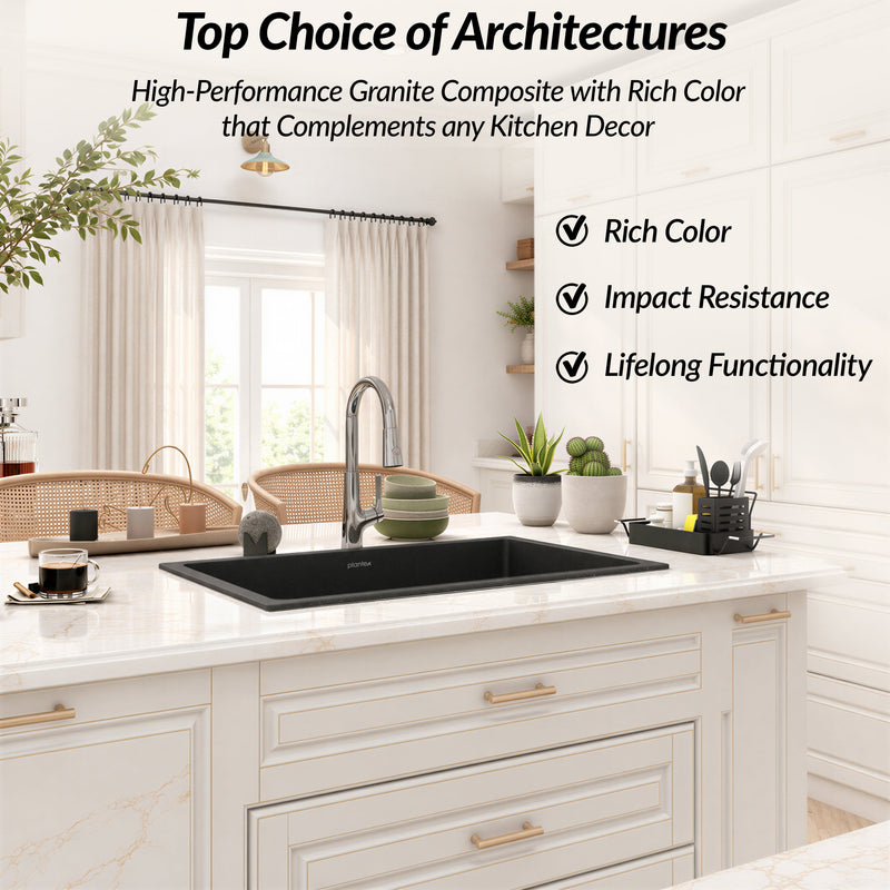 Plantex Quartz Single Bowl Kitchen Matt Sink/Sink For Kitchen/Undermount/Top Mounted (Black - 21X18 Inches)-3