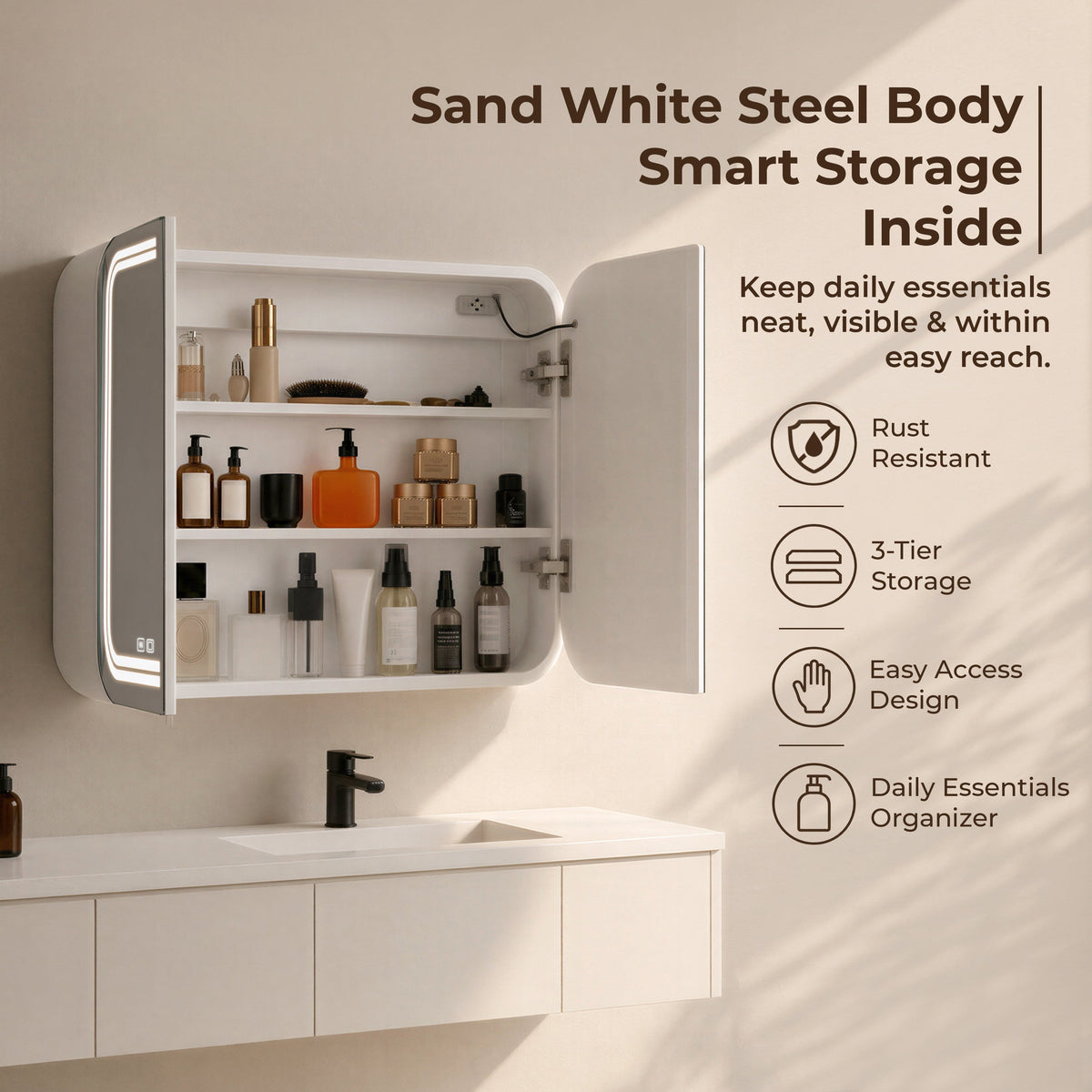 Plantex Stainless Steel Bathroom Cabinet with Mirror/Double Door Bathroom Cabinet Storage/LED Mirror Cabinet for Bathroom Wall/Bathroom Organiser Cabinet (28x23 Inch-White)-3