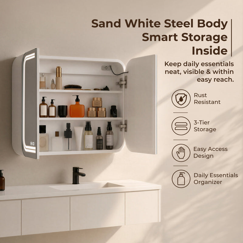 Plantex Stainless Steel Bathroom Cabinet with Mirror/Double Door Bathroom Cabinet Storage/LED Mirror Cabinet for Bathroom Wall/Bathroom Organiser Cabinet (28x23 Inch-White)-3