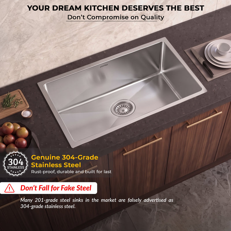 Plantex Guranteed 304 Grade Stainless Steel Kitchen Sink/Sink For Kitchen with 7 Years of Warranty by Plantex/Single Bowl Sink with All Fittings & Drain Rack Included (Silver Matt - 30x18 Inches)-3