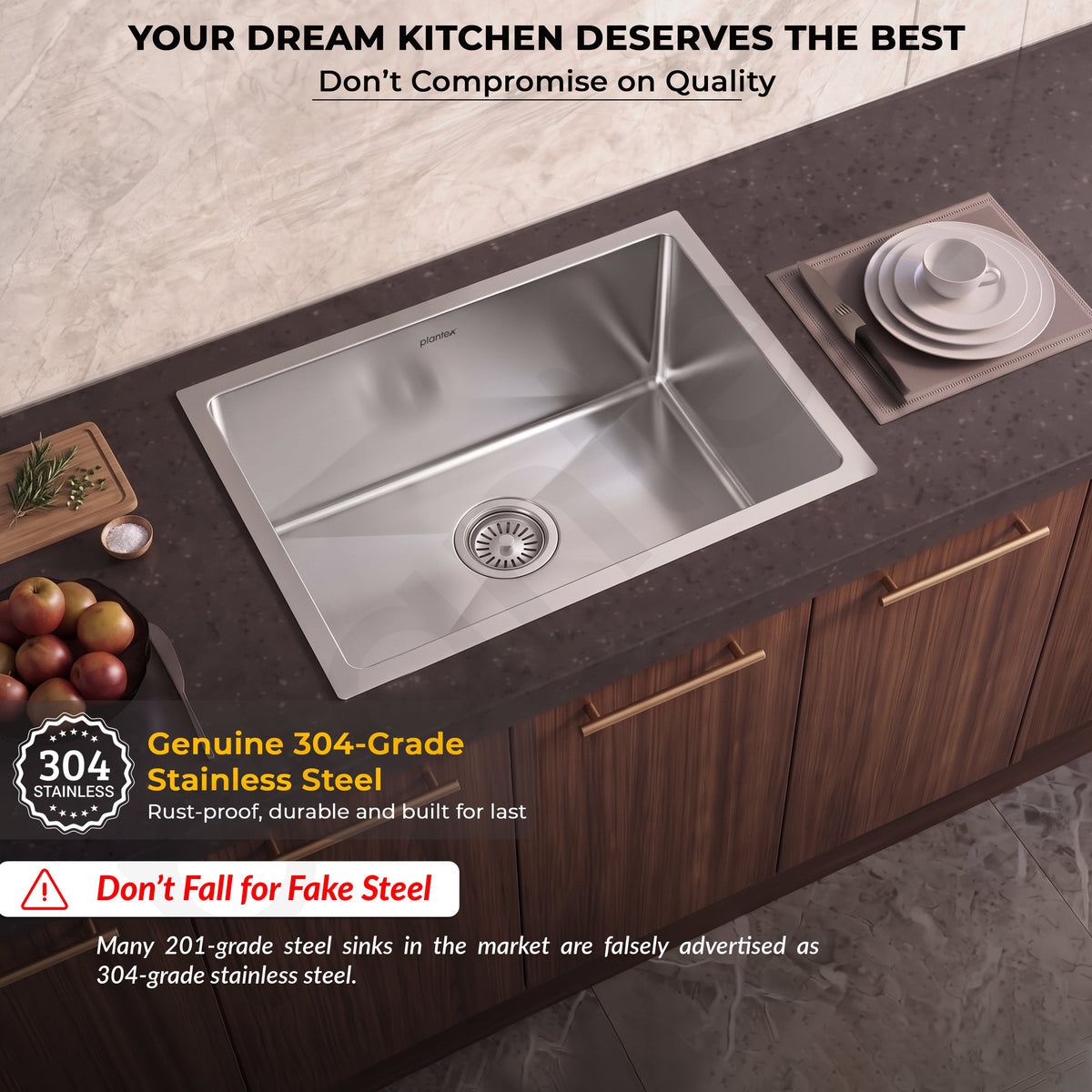Plantex Guranteed Stainless Steel 304 Grade Kitchen Sink/Undermount Sink for Kitchen with 7 Years of Warranty by Plantex/Single Bowl Sink with Fittings & Drying Rack (Silver Matt - 21x18 Inches)-3