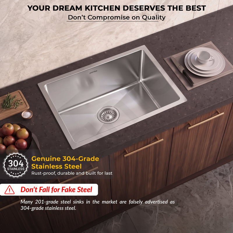Plantex Guranteed Stainless Steel 304 Grade Kitchen Sink/Undermount Sink for Kitchen with 7 Years of Warranty by Plantex/Single Bowl Sink with Fittings & Drying Rack (Silver Matt - 21x18 Inches)-3