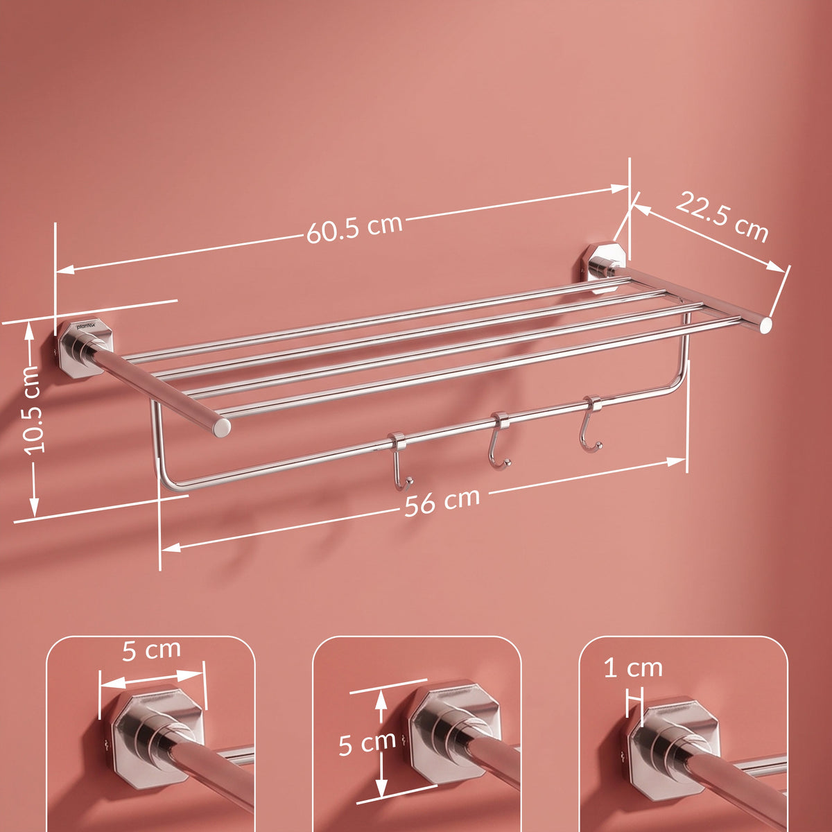 Plantex 304 Grade Stainless Steel Towel Rack with Hooks/Bathroom Towel Rod/Towel Hanger/Bathroom Accessories - Nipron (24-inch) Chrome-2
