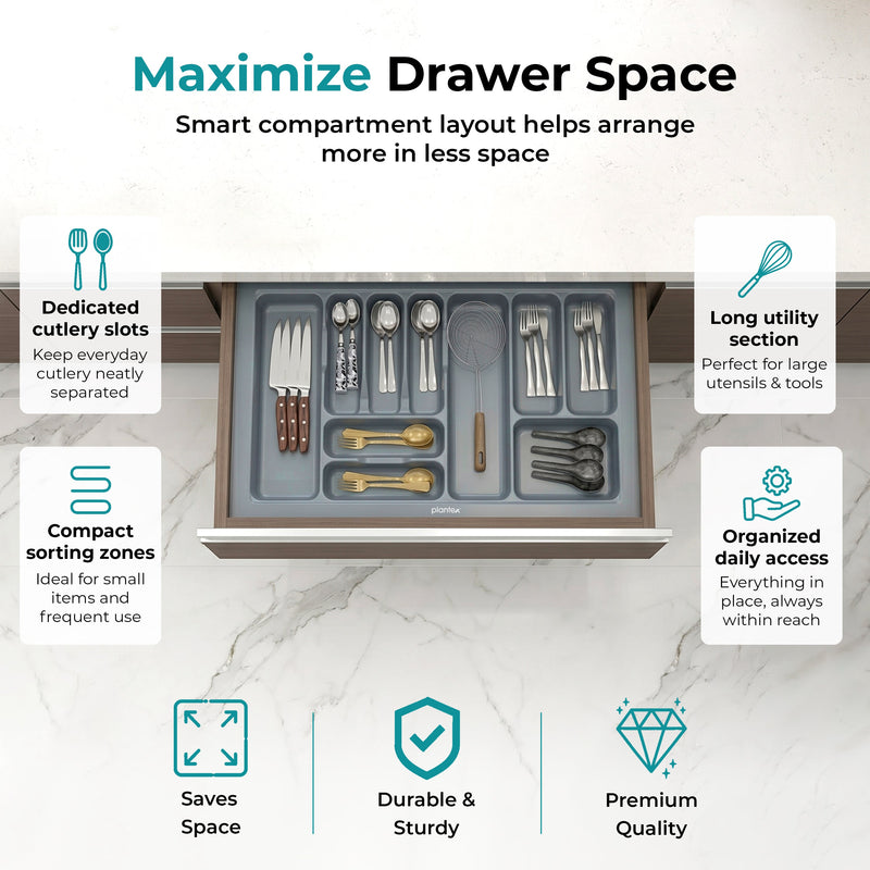 Plantex Kitchen Drawer Cutlery Tray Organizer/Multipurpose Organizer for Cutlery/Spoons/Spatulas/Cosmetics & Stationery/Fits Modular Kitchen Cabinets (32.5 x 18.5 Inches, Grey)-5
