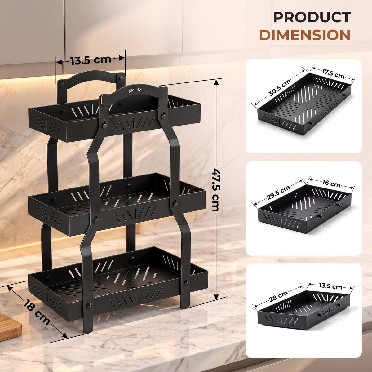 Plantex Metal Fruit Basket for Kitchen/Vegetable Storage Stand/3-Tier Multipurpose Storage Rack for Countertop Pack of 1, Black (30.5 x 18 x 47.5 cm)-2