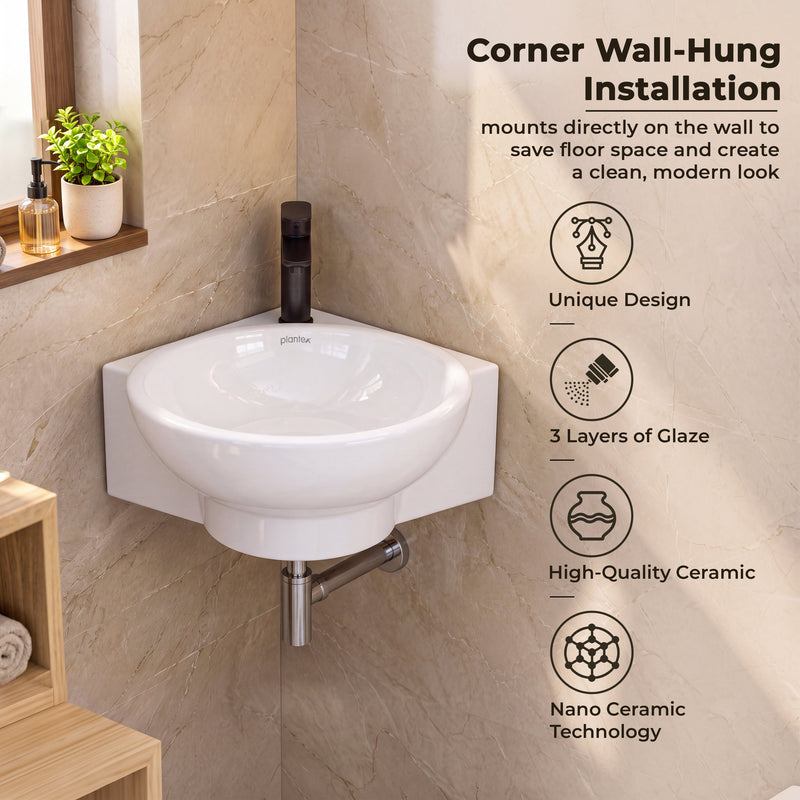 Plantex Ceramic White Corner Wash Basin/Wall Mount Basin for Bathroom/Corner Bathroom Basin/Glossy Small Sink with 10 Years Glaze Warranty by Plantex (Lily -14 x 16.5 x 5.5 Inch)-5