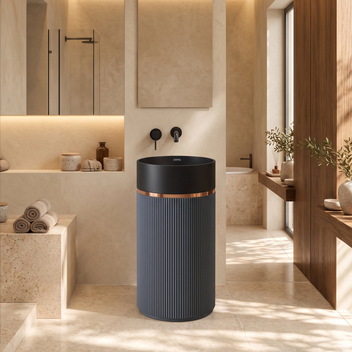 Plantex Matt Pedestal Wash Basin/Acrylic Resin & Quartz Free Standing Wash Basin/Round Basin For Bathroom/Home/Hotel/Restaurant- (Black And Grey, 16 X 16 X 34 Inch)-4