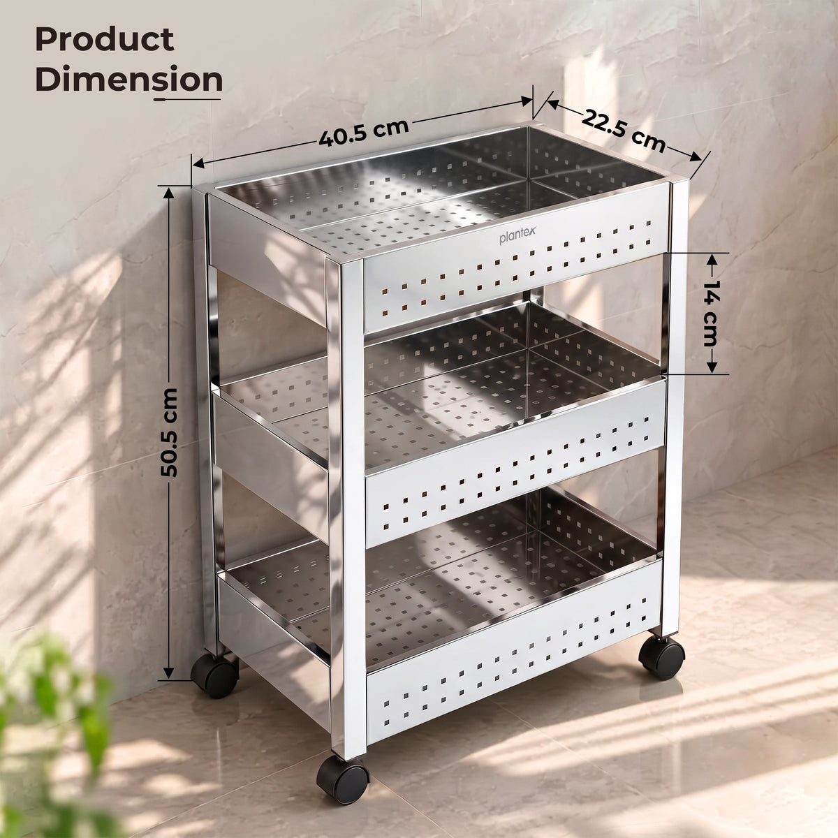 Plantex Stainless Steel 3-Tier Vegetable Storage Basket for Kitchen/Onion Garlic Stand-Trolley (Square Profile-Silver)-2