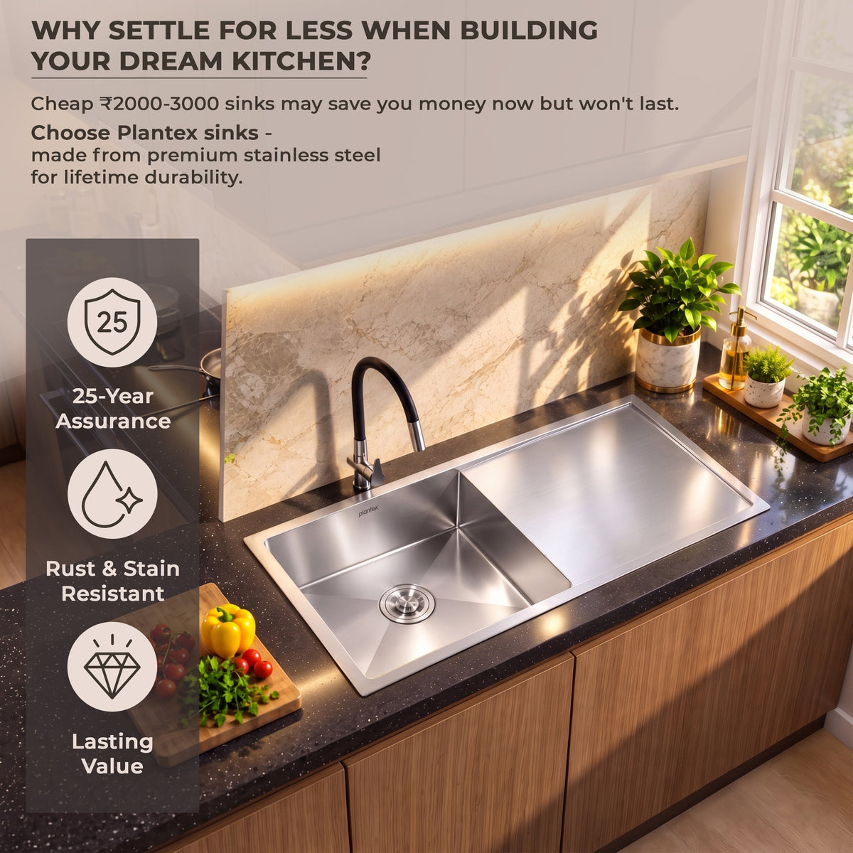 Plantex Stainless Steel Handmade Kitchen Sink/Single Bowl Sink For Kitchen With Drain Board/Undermount/Topmount (Matt - 37X18 Inches)-3