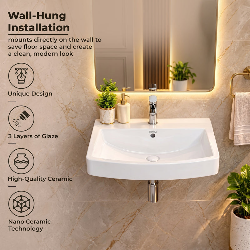 Plantex Platinum Ceramic Rectangular Wall Hung Basin/Washbasin for Bathroom/Wall Mounted Wash Basin/Sink for Living Room with 10 Years Glaze Warranty by Plantex(Glossy White - 20 x 15 x 8 Inch)-5