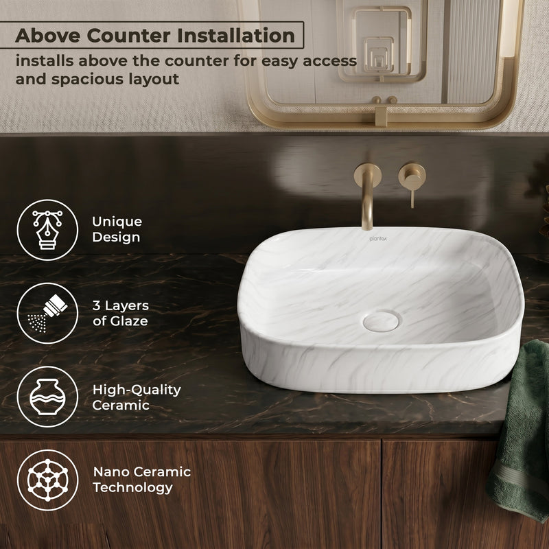 Plantex Wash Basin for Bathroom/Ceramic Table Top Washbasin/Countertop Vessel Sink Basin - (White Marble, 21.5 x 15 x 6 Inch)-4