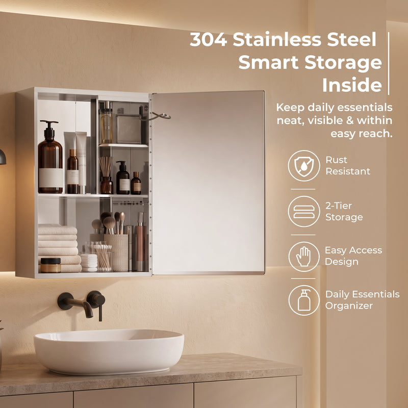 Plantex 304 Stainless Steel Bathroom Cabinet with Mirror/Cabinet Storage/LED Mirror Cabinet for Bathroom Wall/Bathroom Organiser Cabinet (14x20 Inch/Chrome)-3