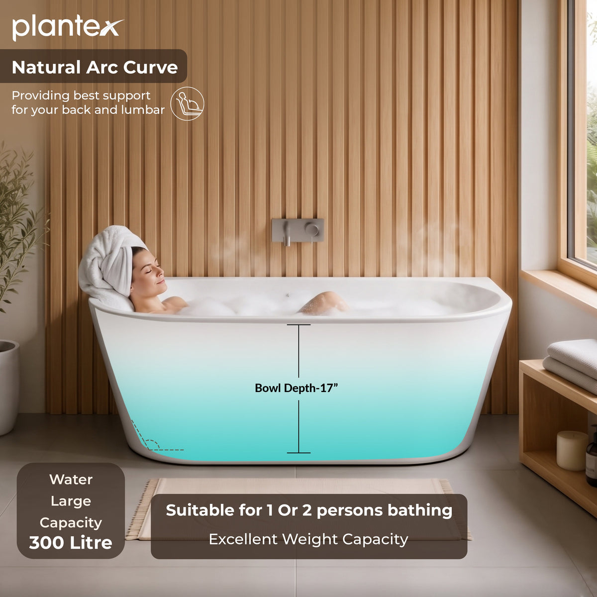 Plantex Bathtub for Bathroom/Freestanding Bath tub for Adults/Deep Soaker Bathtub with Overflow, Popup and Drain Pipe (BSM-207A-White-1700mm)-4