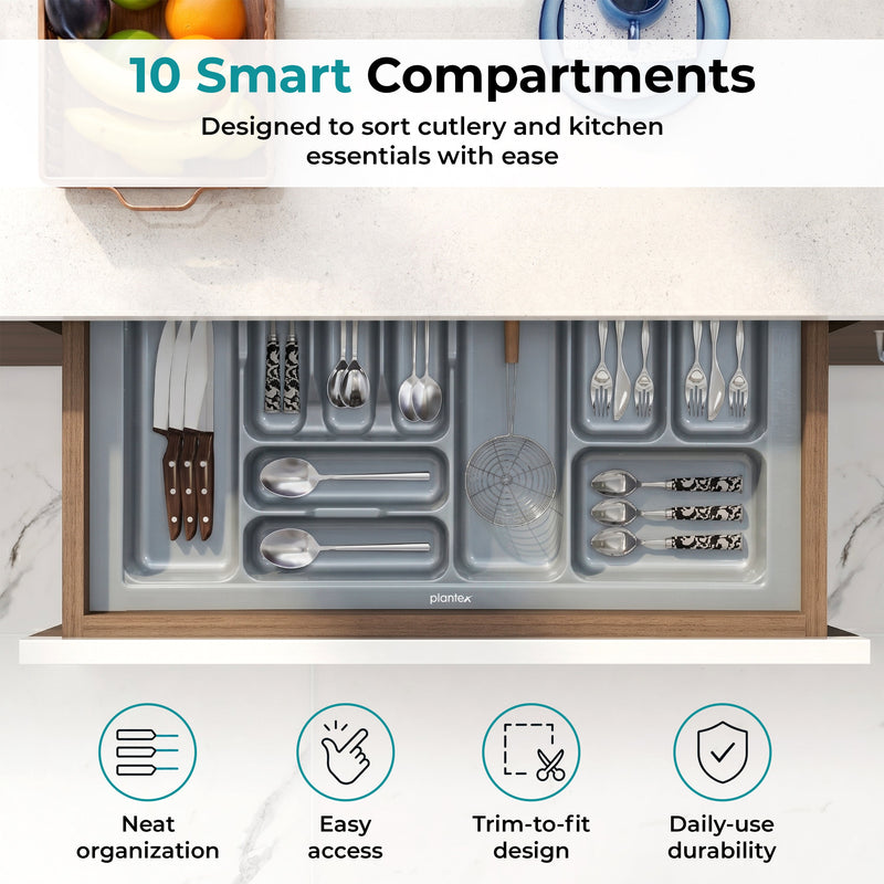 Plantex Kitchen Drawer Cutlery Tray Organizer/Multipurpose Organizer for Cutlery/Spoons/Spatulas/Cosmetics & Stationery/Fits Modular Kitchen Cabinets (32.5 x 18.5 Inches, Grey)-6