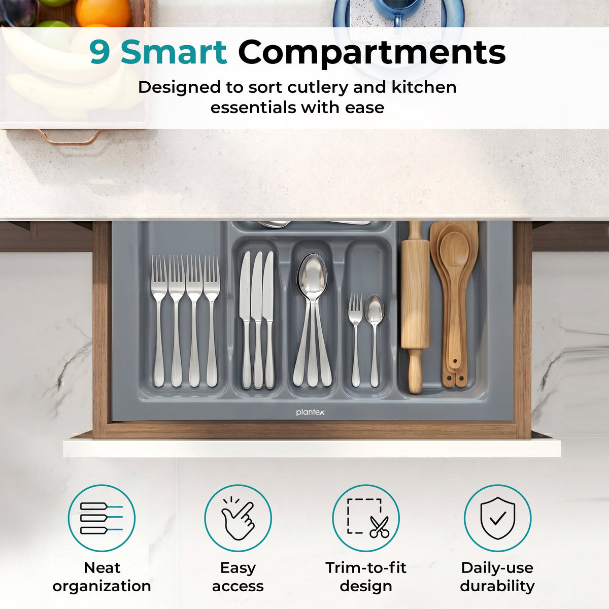 Plantex Polyvinyl Chloride Cutlery Tray/Cutlery Organizer for Kitchen Drawer/Modular Kitchen Accessories Organizer Grey (21 x 18.5 Inch)-5