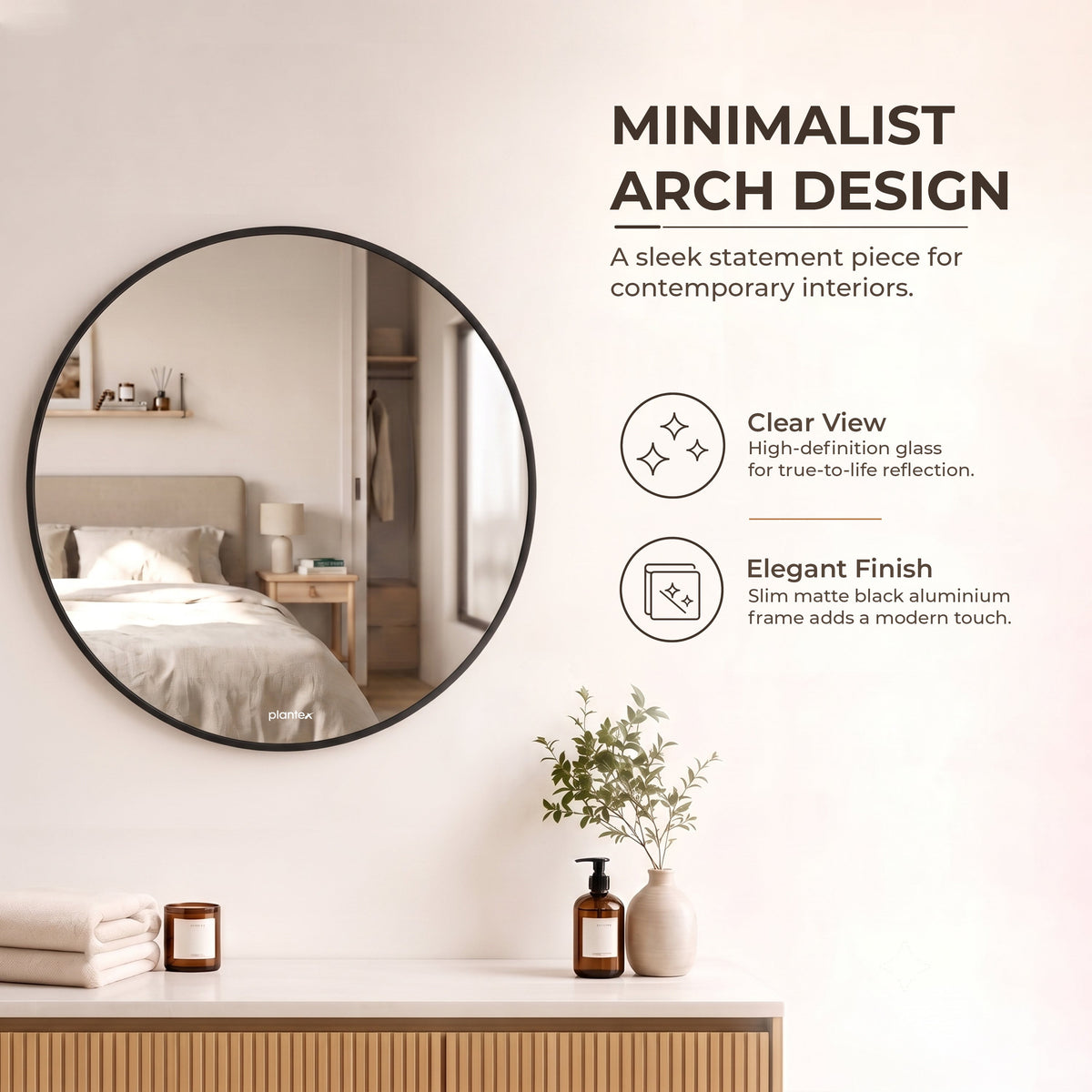 Plantex Aluminium Frame Mirror for Wall/Round Wall Mount Mirror for Bedroom/Dressing Room/Living Room/Entryway - (Dia- 20in - Black)-4
