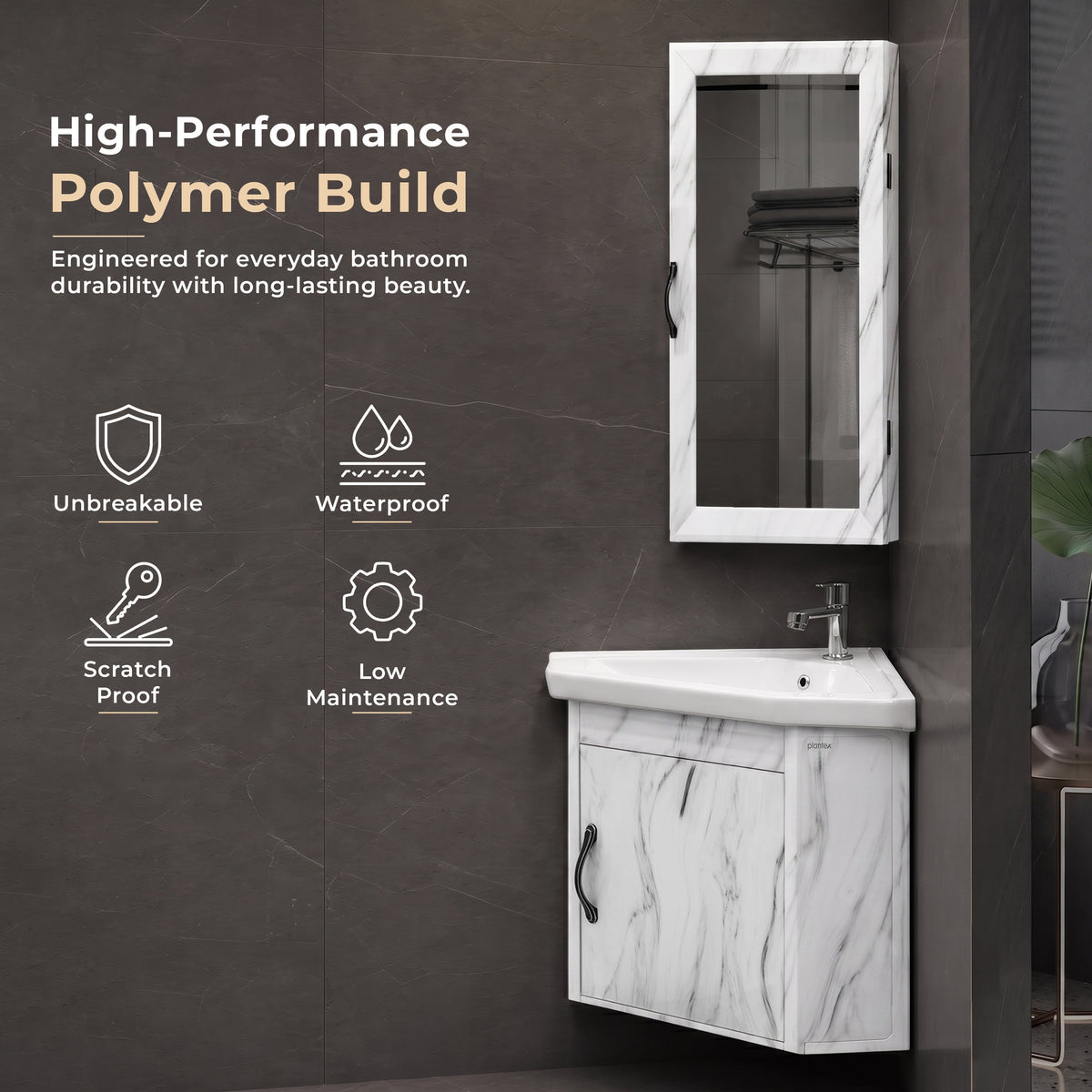 Plantex Glass, Ceramic, HPP Unbrekable Wall Mount Vanity Cabinet with Washbasin and Mirror/Corner Basin with Cabinet for Bathroom - (484, White)-4