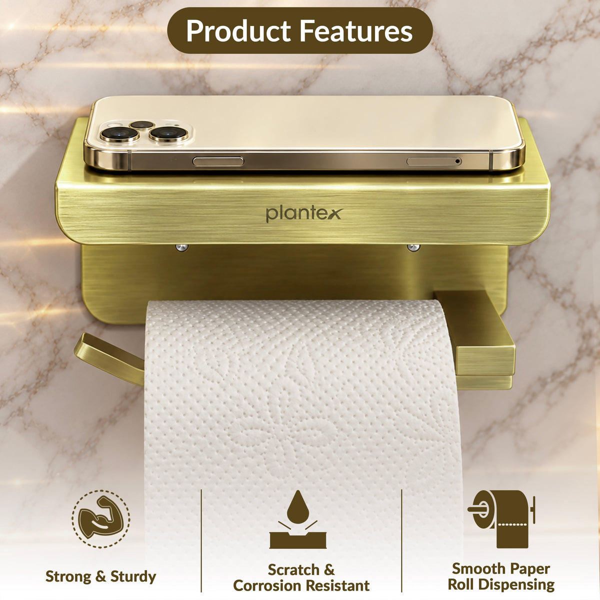 Plantex Toilet Paper Holder for Bathroom/304 Grade Stainless Steel Tissue Paper Roll Holder with Mobile Stand/Bathroom Accessories - Pack of 1 (Brass Antique)-4