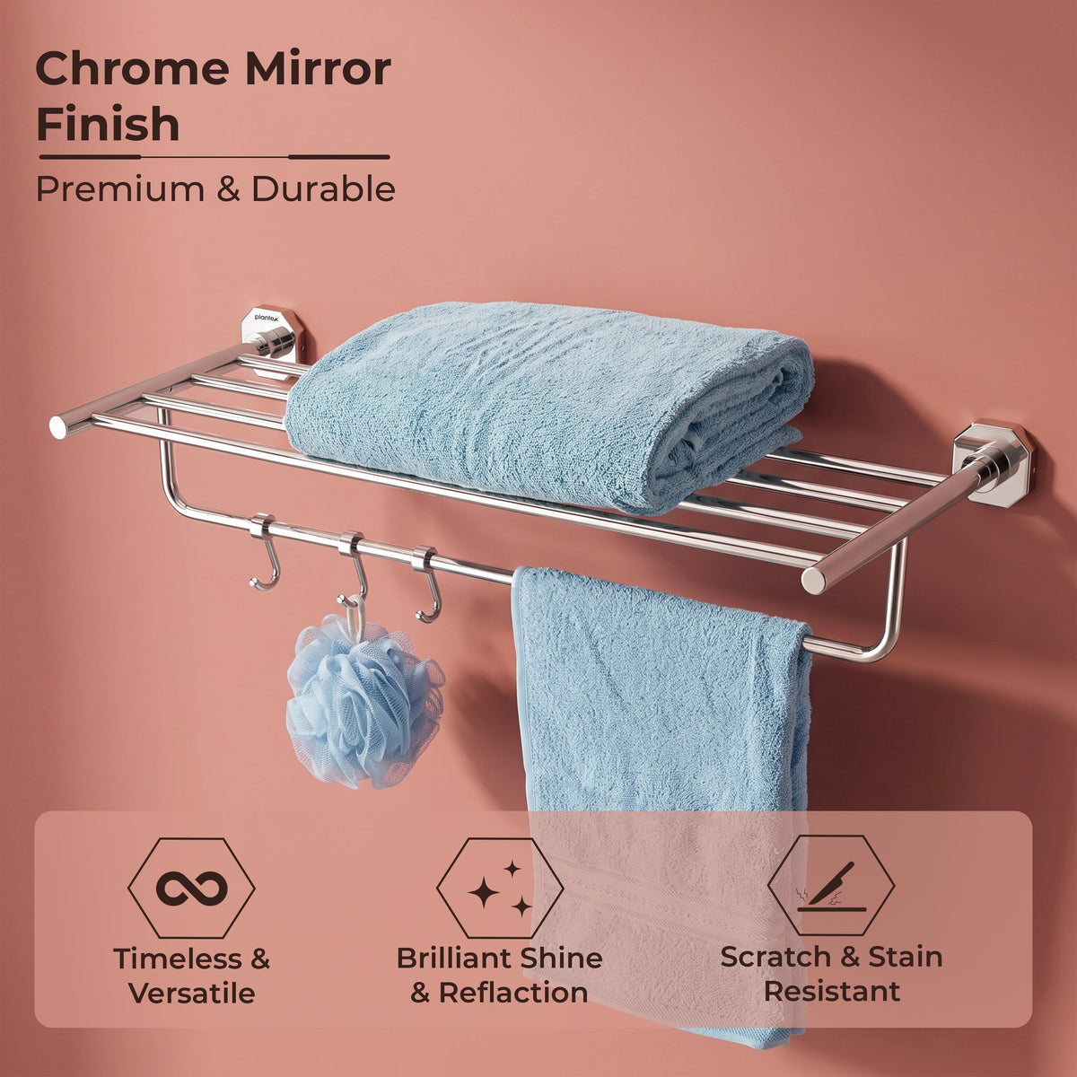 Plantex 304 Grade Stainless Steel Towel Rack with Hooks/Bathroom Towel Rod/Towel Hanger/Bathroom Accessories - Nipron (24-inch) Chrome-5