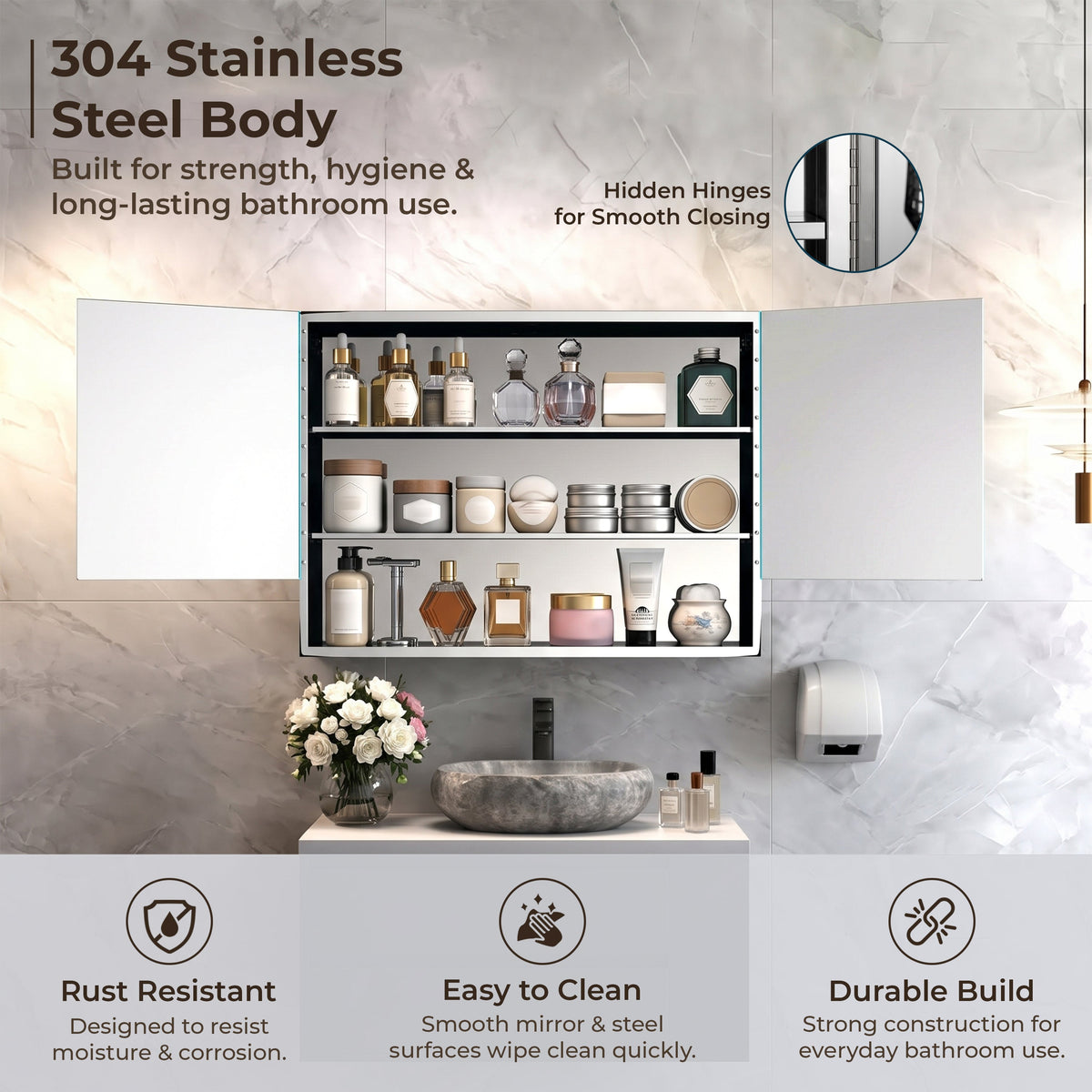 Plantex Bathroom Mirror Cabinet/304 Stainless Steel Bathroom Cabinet with Mirror/Bathroom Storage Cabinet/Wall Mounted Mirror Bathroom Cabinet (24x32 Inch-Chrome/Double Door)-4