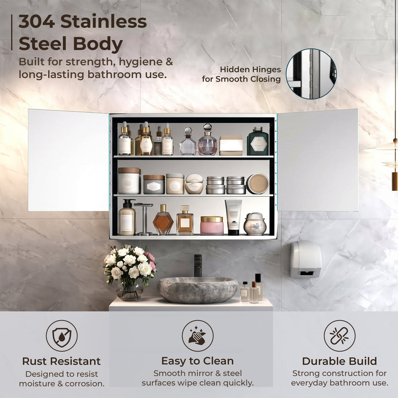 Plantex Bathroom Mirror Cabinet/304 Stainless Steel Bathroom Cabinet with Mirror/Bathroom Storage Cabinet/Wall Mounted Mirror Bathroom Cabinet (24x32 Inch-Chrome/Double Door)-4