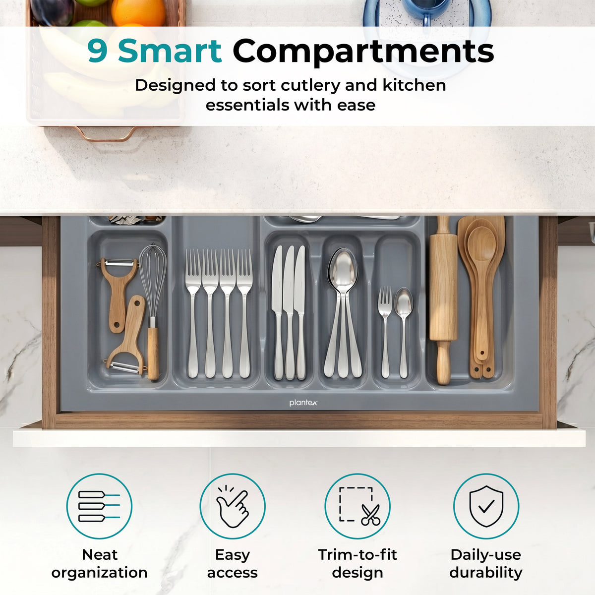 Plantex PVC Cutlery Organizer for Kitchen Drawer/Cutlery Tray Organizer/Modular Kitchen Accessories Grey (28.5 x 18.5 Inch)-6