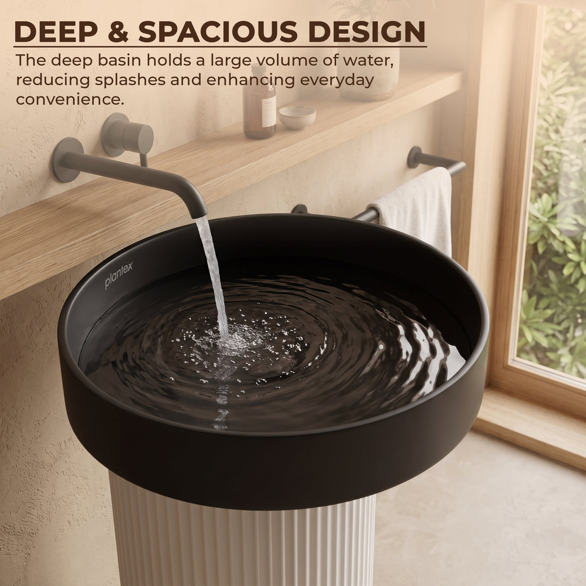 Plantex Acrylic Resin & Qaurtz Pedestal Basin for Bathroom/One Piece Pedestal Free Standing Round Wash Basin for living Room/Hotel (Black & White)-4