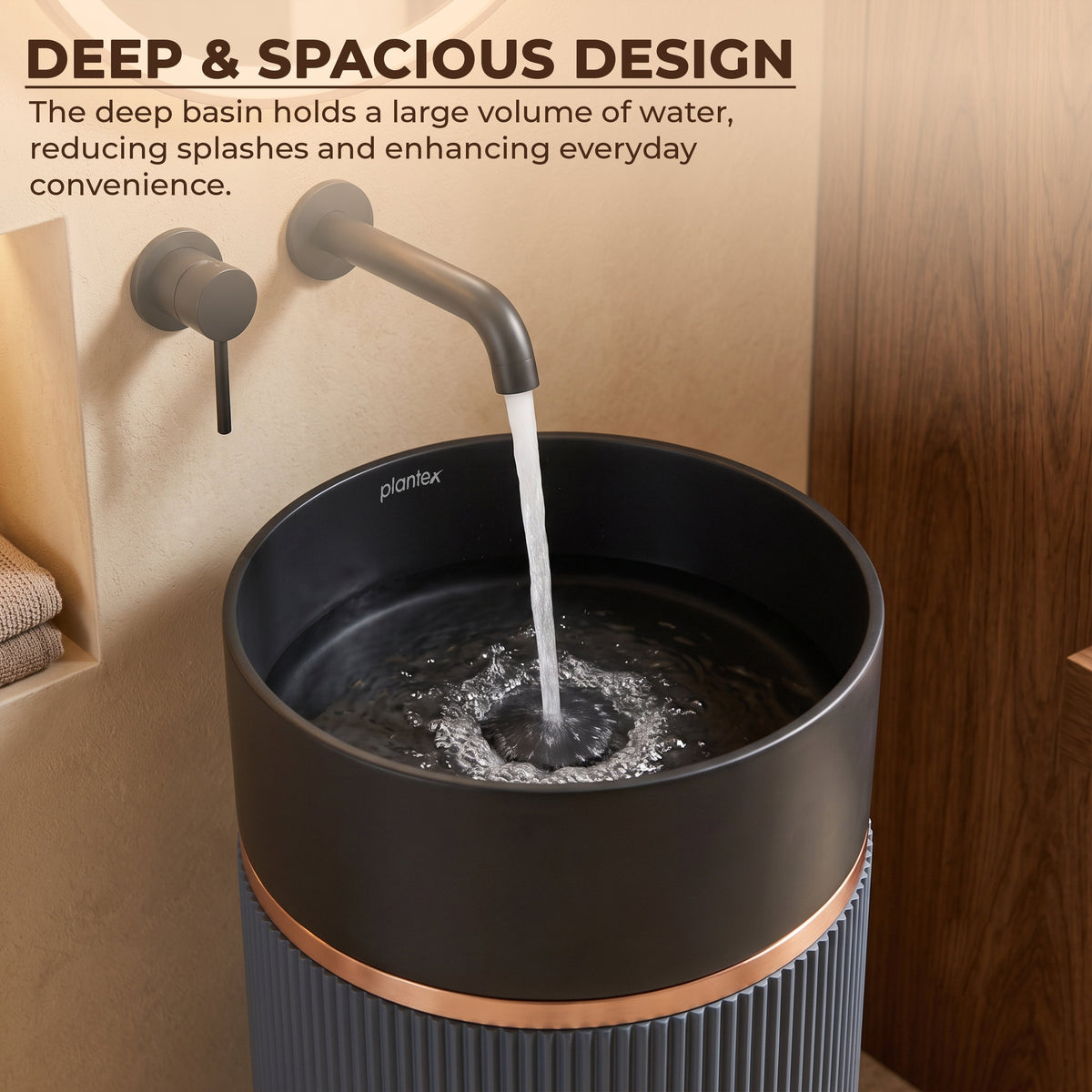 Plantex Matt Pedestal Wash Basin/Acrylic Resin & Quartz Free Standing Wash Basin/Round Basin For Bathroom/Home/Hotel/Restaurant- (Black And Grey, 16 X 16 X 34 Inch)-3