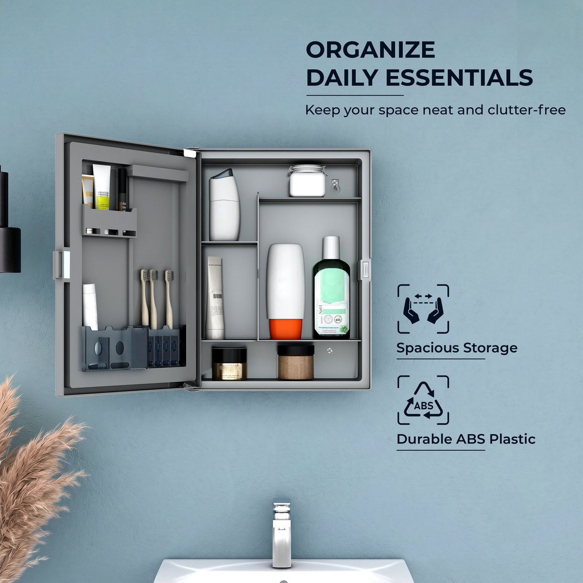 Plantex Bathroom Cabinet with Mirror/ABS Bathroom Storage Cabinet/Mirror Cabinet for Wall/Mirror with Storage for Bathroom - 18x14 Inch (CAB-117, Grey)-5