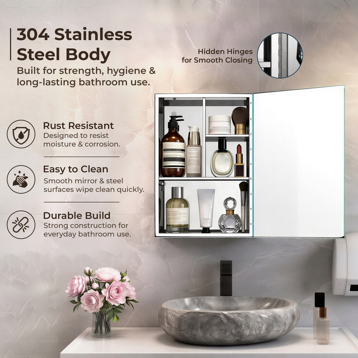 Plantex Bathroom Mirror Cabinet/304 Stainless Steel Bathroom Cabinet with Mirror/Bathroom Storage Cabinet/Wall Mounted Mirror Bathroom Cabinet (12x18 Inch-Chrome)-4