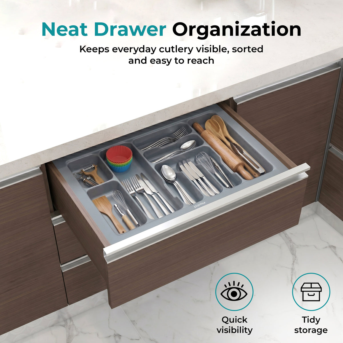 Plantex PVC Cutlery Organizer for Kitchen Drawer/Cutlery Tray Organizer/Modular Kitchen Accessories Grey (28.5 x 18.5 Inch)-4
