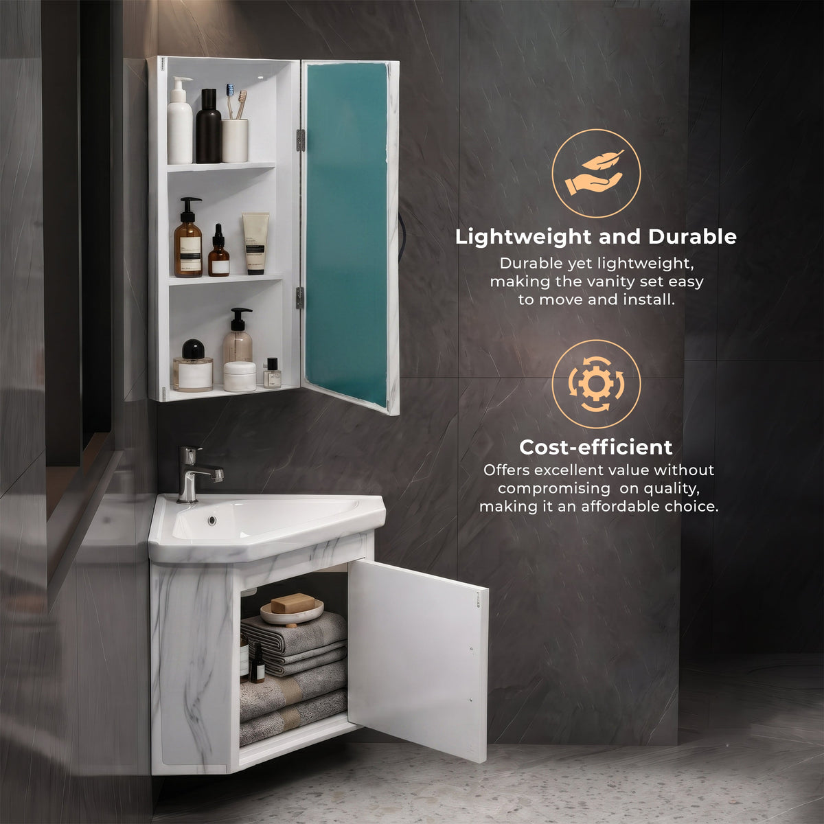 Plantex Glass, Ceramic, HPP Unbrekable Wall Mount Vanity Cabinet with Washbasin and Mirror/Corner Basin with Cabinet for Bathroom - (484, White)-5