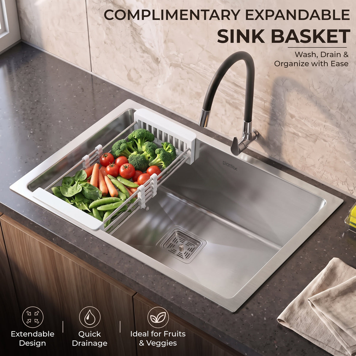 Plantex Heavy Duty Stainless Steel Kitchen Sink/Sink for Kitchen with 25 Years Warranty by Plantex/Single Bowl Sink Square Coupling, Hose Pipes and Drain Rack (Matt-24 x 18 x 9 Inches)-5