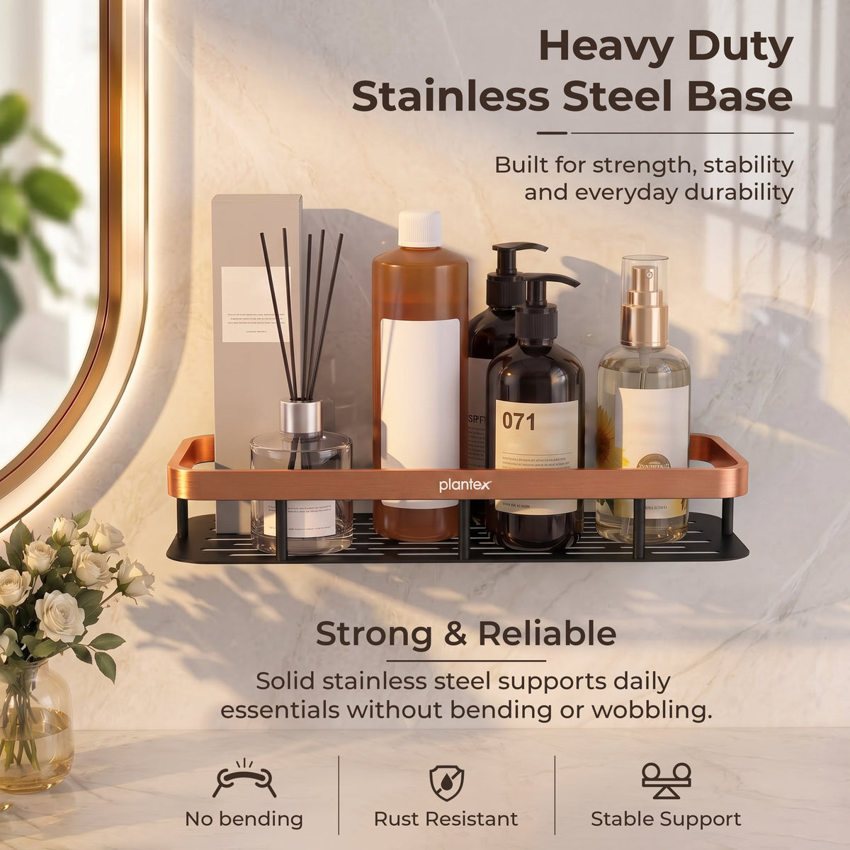 Plantex Bathroom Organizer Without Drill/Stainless Steel & Aluminium Shelf for Wall with Adhesive Stickers - Pack of 2 (12x5 inch, Copper & Black)-3