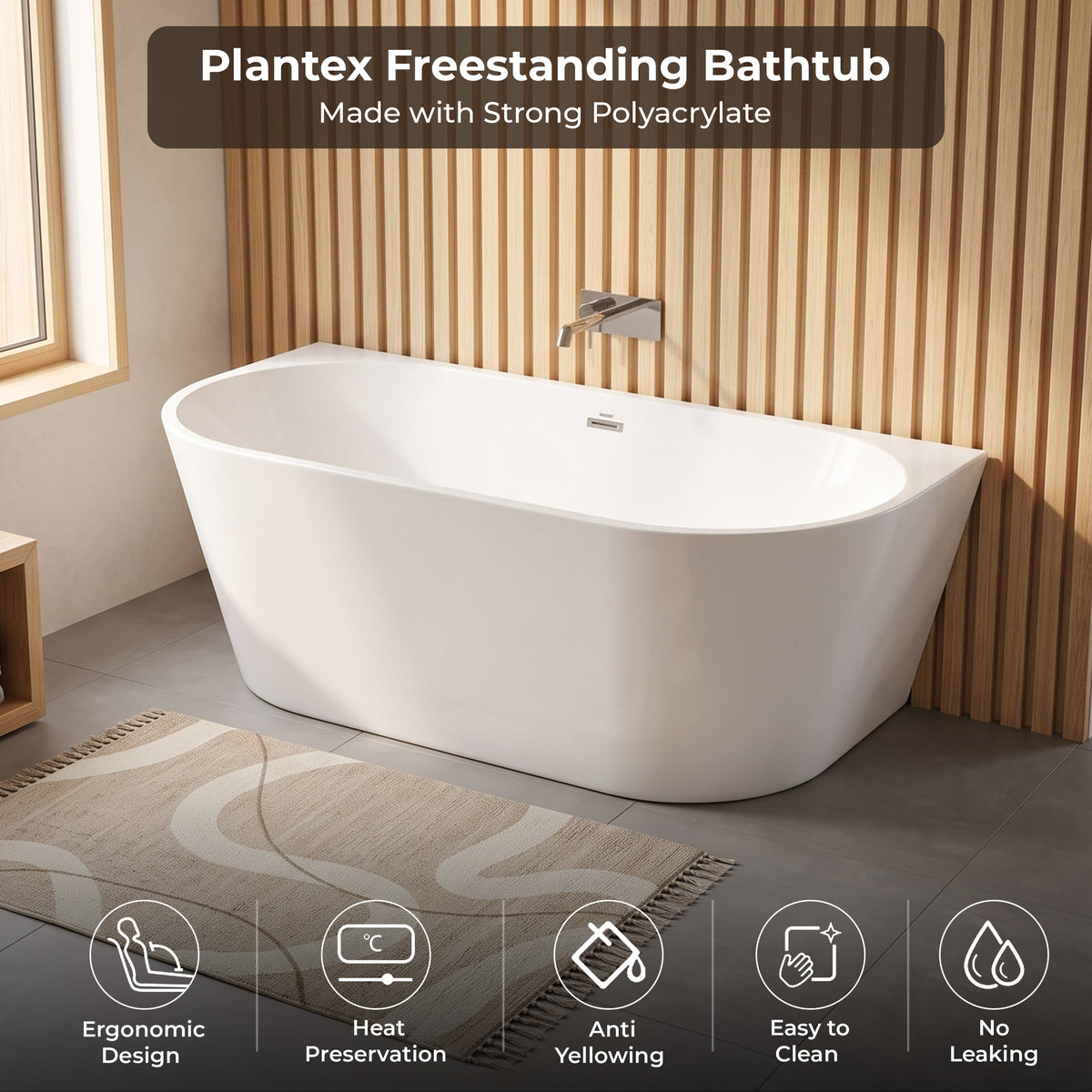 Plantex Bathtub for Bathroom/Freestanding Bath tub for Adults/Deep Soaker Bathtub with Overflow, Popup and Drain Pipe (BSM-207A-White-1700mm)-5