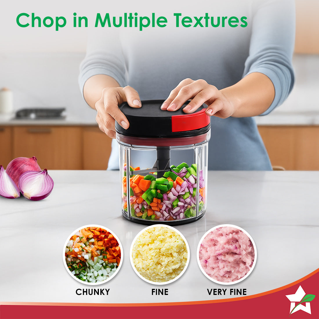 Wonderchef Glory String Vegetable Chopper with 6 Sharp SS Blade, Anti Slip Silicon Base Ring, Air Tight Lid, 900Ml, 1 Ye