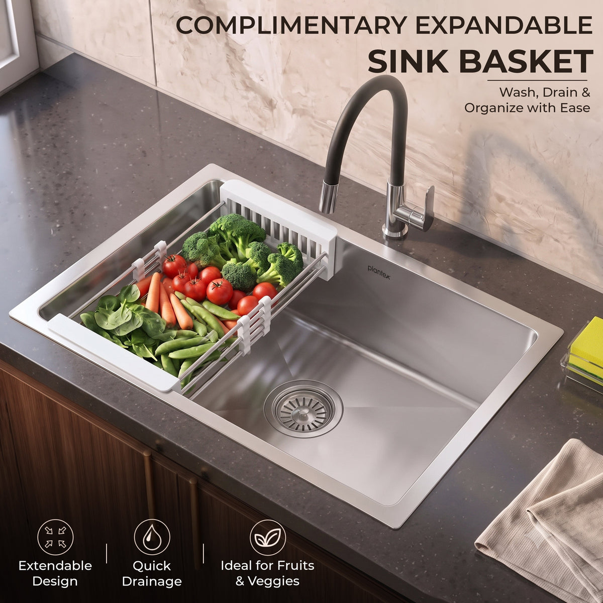 Plantex Guranteed Stainless Steel 304 Grade Kitchen Sink/Undermount Sink for Kitchen with 7 Years of Warranty by Plantex/Single Bowl Sink with Fittings & Drying Rack (Silver Matt - 21x18 Inches)-5