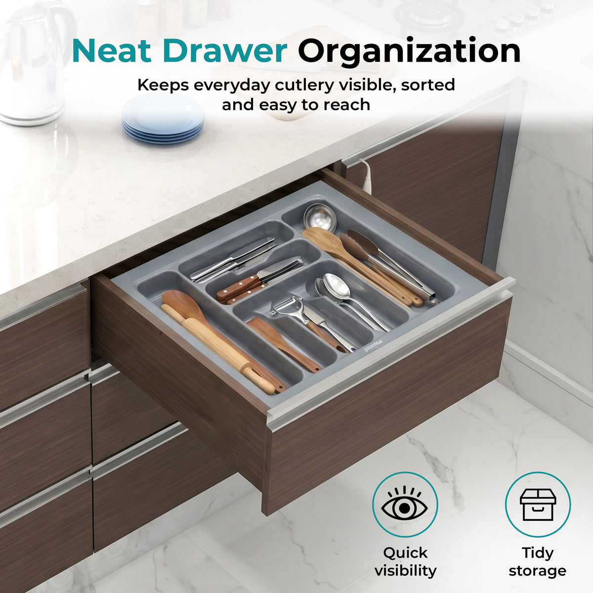 Plantex Polyvinyl Chloride Cutlery Tray/Cutlery Organizer for Kitchen Drawer/Modular Kitchen Accessories Organizer Grey (21 x 18.5 Inch)-3