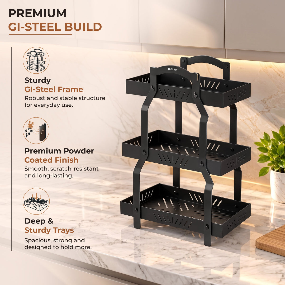 Plantex Metal Fruit Basket for Kitchen/Vegetable Storage Stand/3-Tier Multipurpose Storage Rack for Countertop Pack of 1, Black (30.5 x 18 x 47.5 cm)-5