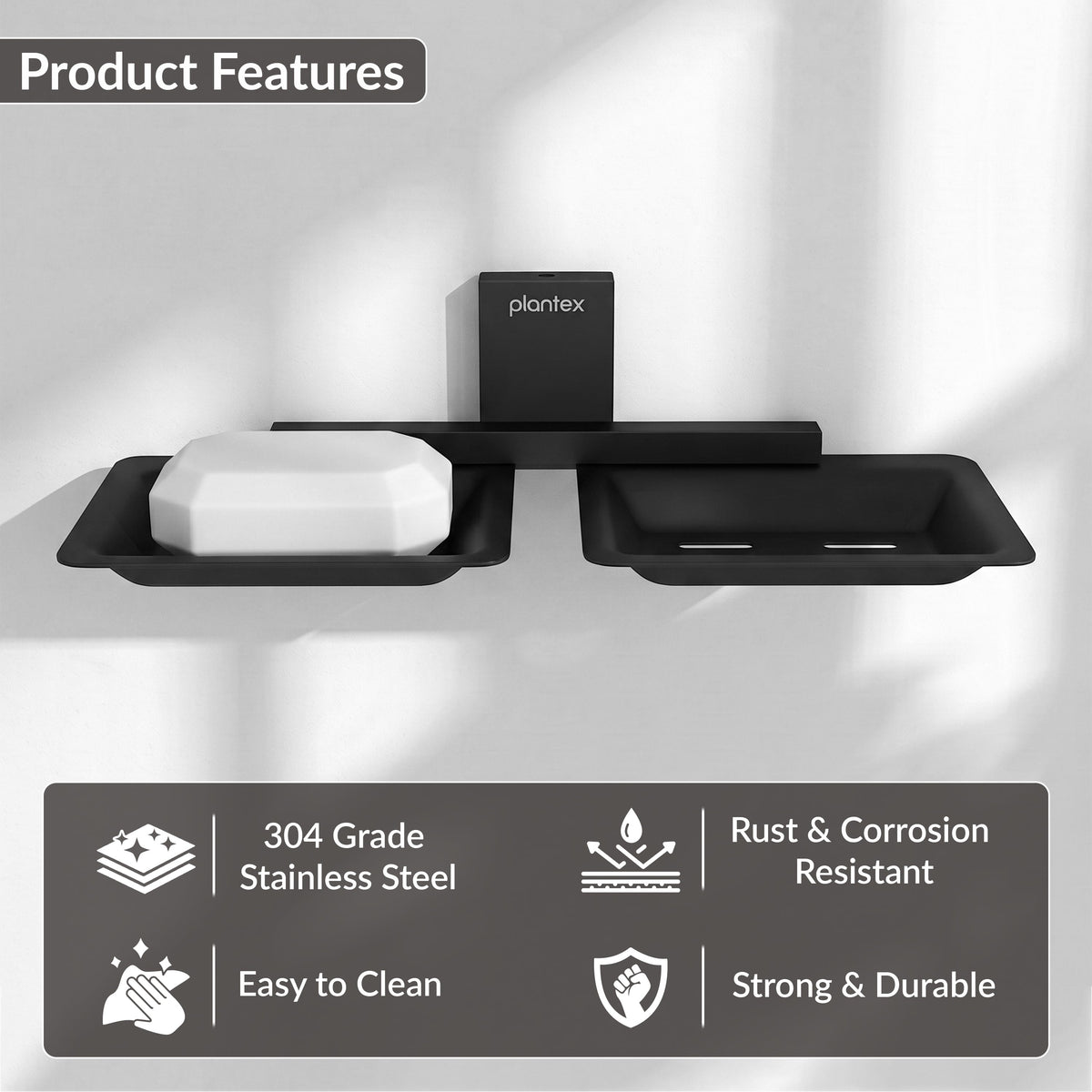 Plantex 304 Grade Stainless Steel Double Soap Stand/Dual Soap Dish/Soap Case/Soap Storage/Wall Mounted Soap Holder/Bathroom Accessories - Crystal (Black)-4